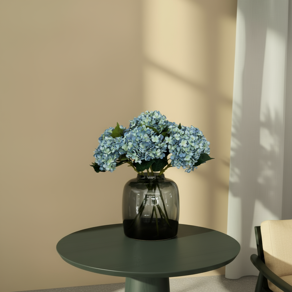 Acht blauwe hortensia's